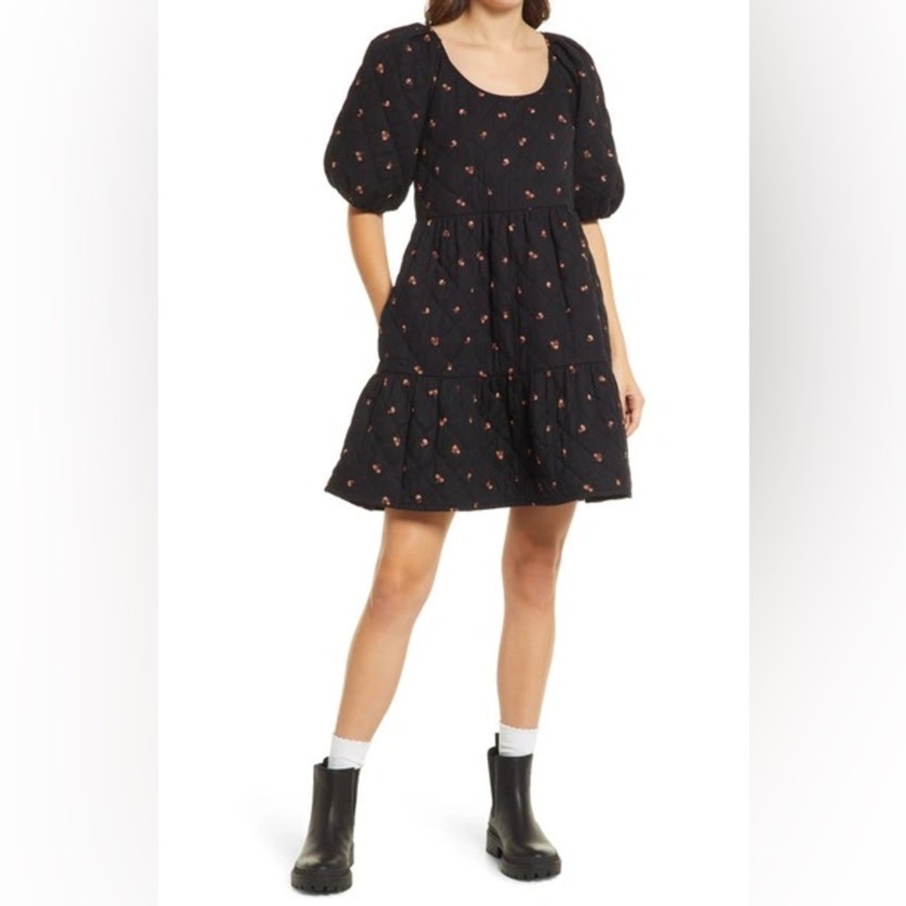 Madewell Amie Floral Friend Black Quilted Puff-Sleeve Mini Dress LARGE Cottage